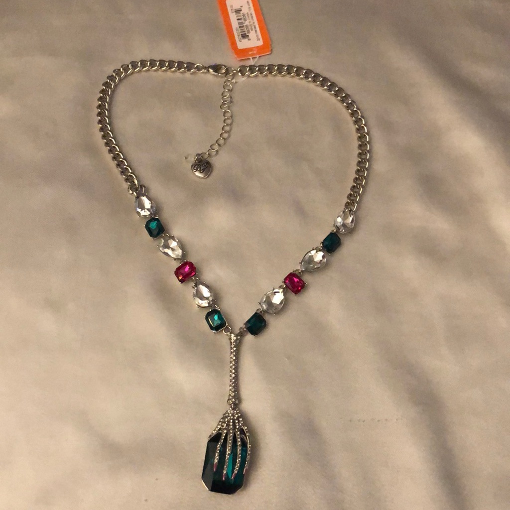 Betsey Johnson Silver Tone Skeleton Hand Y Drop Pendant Necklace Crystal Nwt